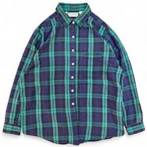 Vintage LL Bean Plaid Button Down Long Shirt Blue Green Black USA Made Womens Up